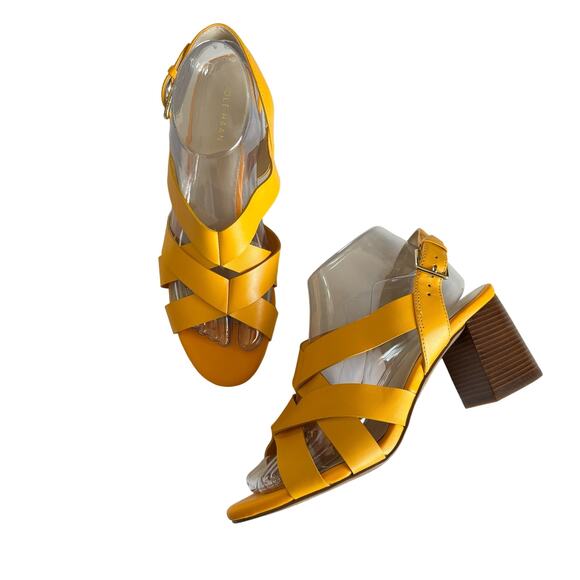 Cole Haan Jamie Radiant Yellow Leather Block Heel Crossover Strap Sandals Size 8 - Picture 1 of 8